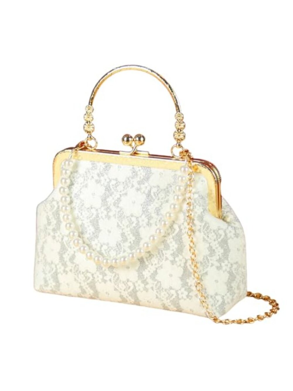 Embroidered Pearl Strap Clutch Purse Women Bridal Crossbody Kiss Lock Floral